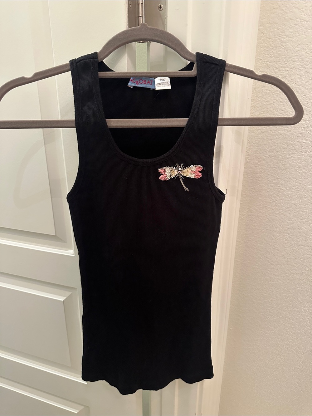 Vintage acrobat Black Ribbed Tank with Beaded Dragonfly